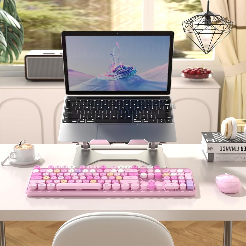 MPTOG Colorful Wireless Computer Keyboard and Mouse Combo with Round Typewriter Keycaps, Retro Design, Power Switch, Ergonomic Design, 2.4GHz Wireless for Windows, Mac, PC(Pink-Colorful) - Image 2